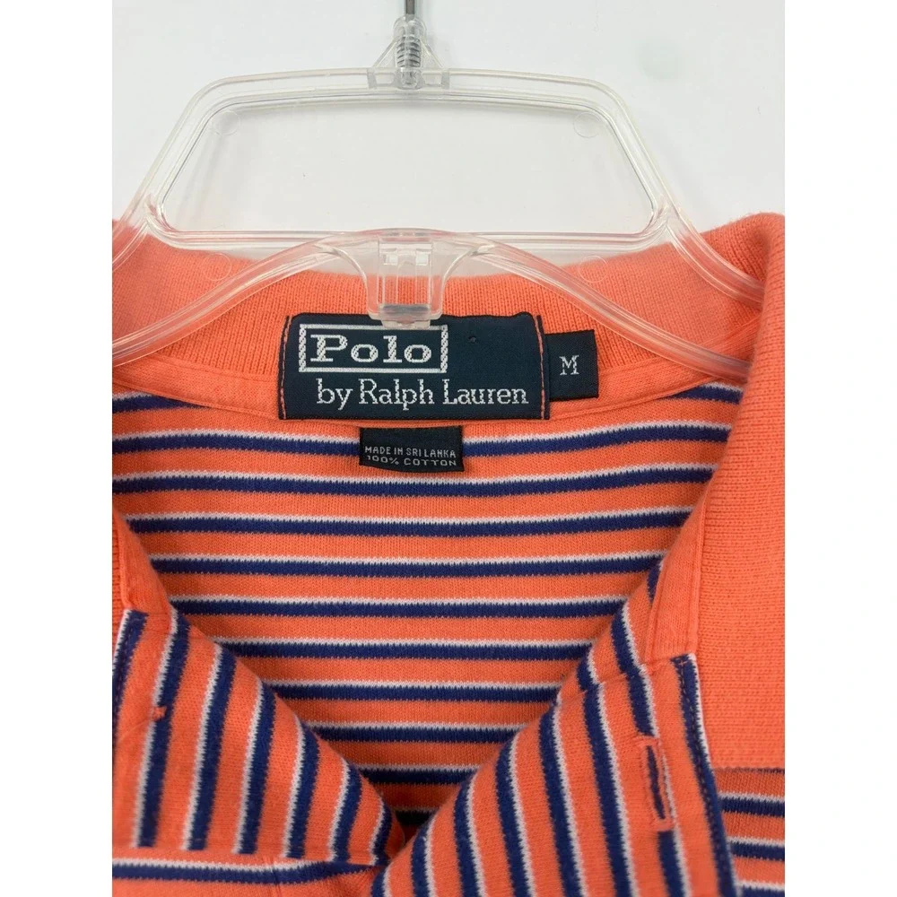 Polo Ralph Lauren Mens Medium Orange Navy Striped Short Sleeve Polo Shirt Cotton